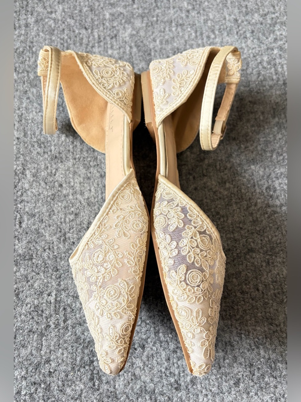 Embroidered Ankle-Strap Pointed Flats in Beige - Picture 3 of 14